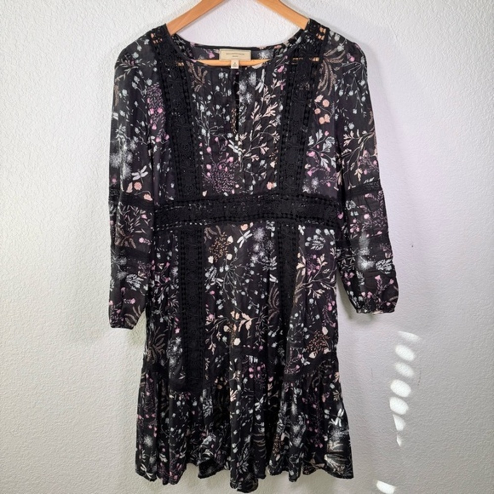 Anthropologie Moulinette Soeurs Kerstin Black Floral Boho Tunic Dress Size 4‎